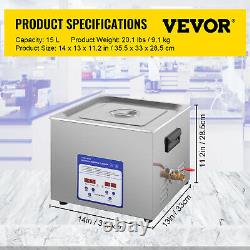 VEVOR Digital Ultrasonic Cleaner Ultrasonic Cleaning Machine 15L Stainless Steel