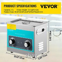 VEVOR Knob Ultrasonic Cleaner Ultrasonic Cleaning Machine 3L 304 Stainless Steel